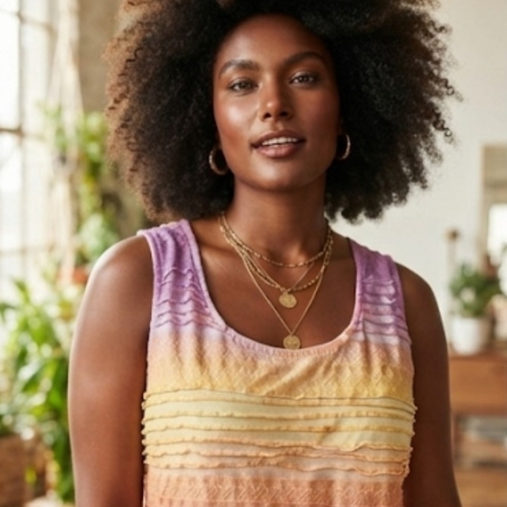 Women's Gradient Ruffle Tank Top - Pink, Yellow, Purple Orange